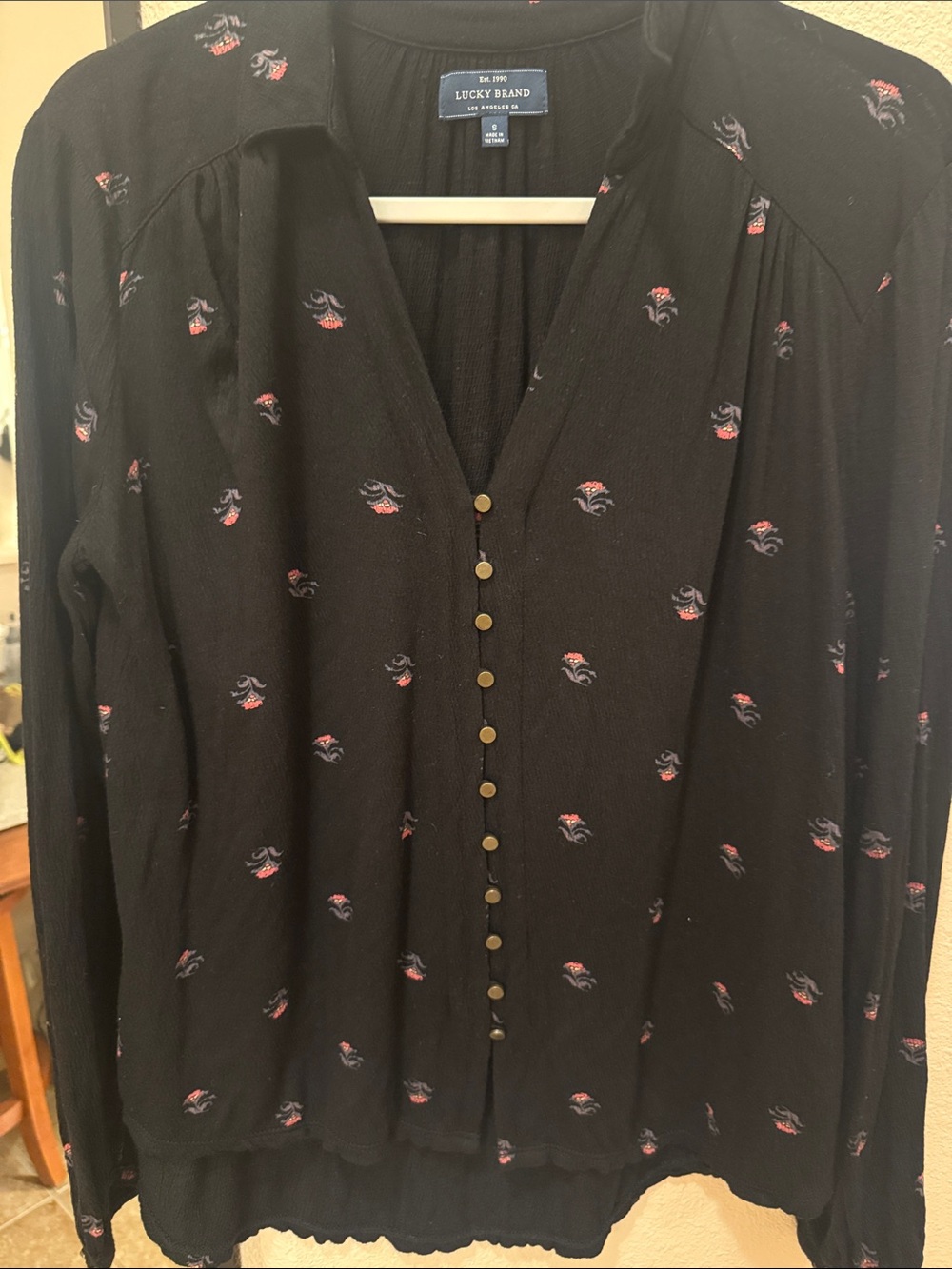 Lucky Brand Black Button-Front Long Sleeve Top with Pink Floral Motif